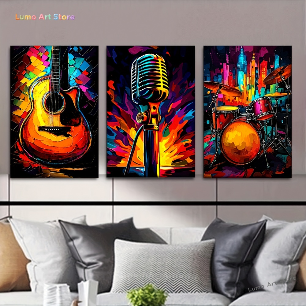Musical Instrument Drawing - 2D 3pcs/Set, Canvas Painting--Unframed, Neon Musical