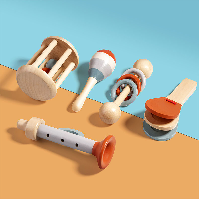 Musical Instrument Drawing - Natural Wooden Rattle Toy Set Montessori
